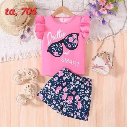 Baby Girls & Kids 2 pcs Printed T-shirt With Short pant Set (3mths-7yrs)